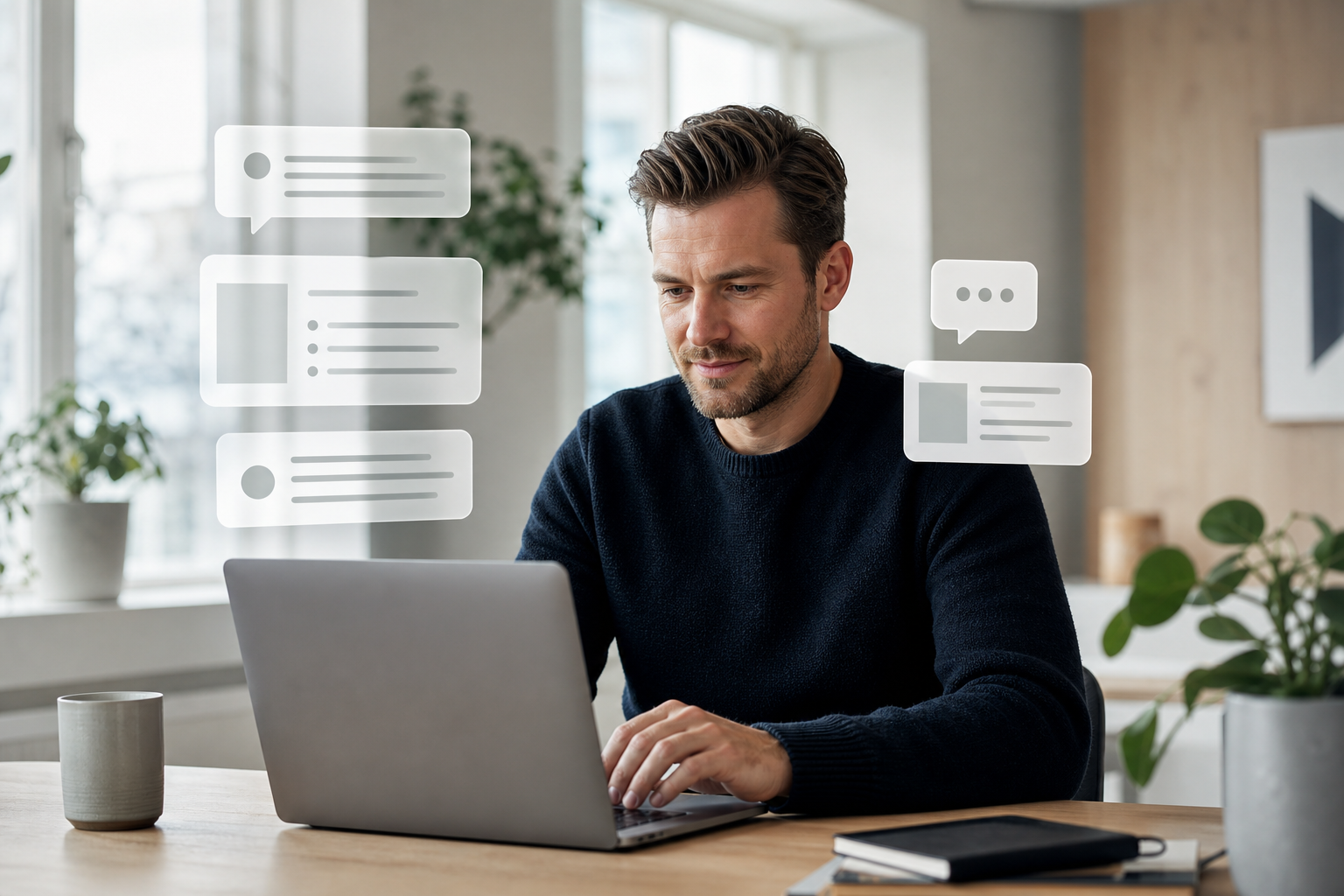 Nordisk Copywriter at Laptop with AI Bubbles and Content Blocks