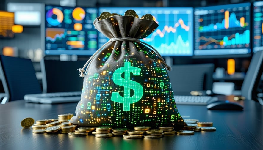 An image featuring a large overflowing money bag symbolizing wealth but instead of coins and bills it is filled with bright colorful data streams and digital symbols like binary code graphs and charts The background is a modern office setting with sl
