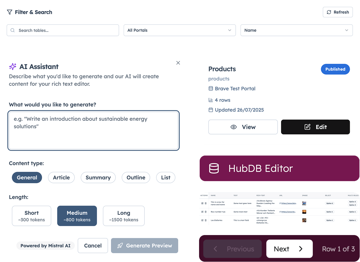 HubDB editor screens