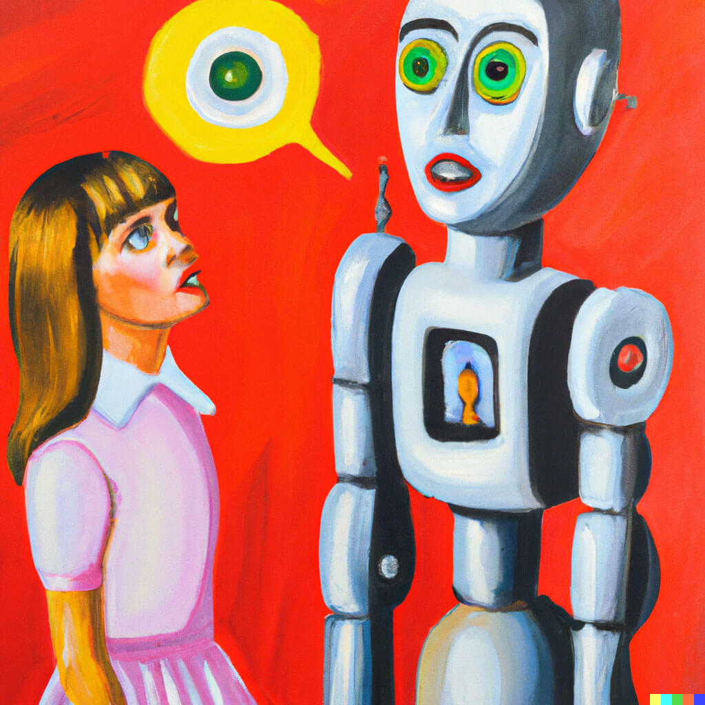 DALL·E 2022-12-16 14.49.48 - a colourful acrylic painting of a woman talking to a robot with big eyes 